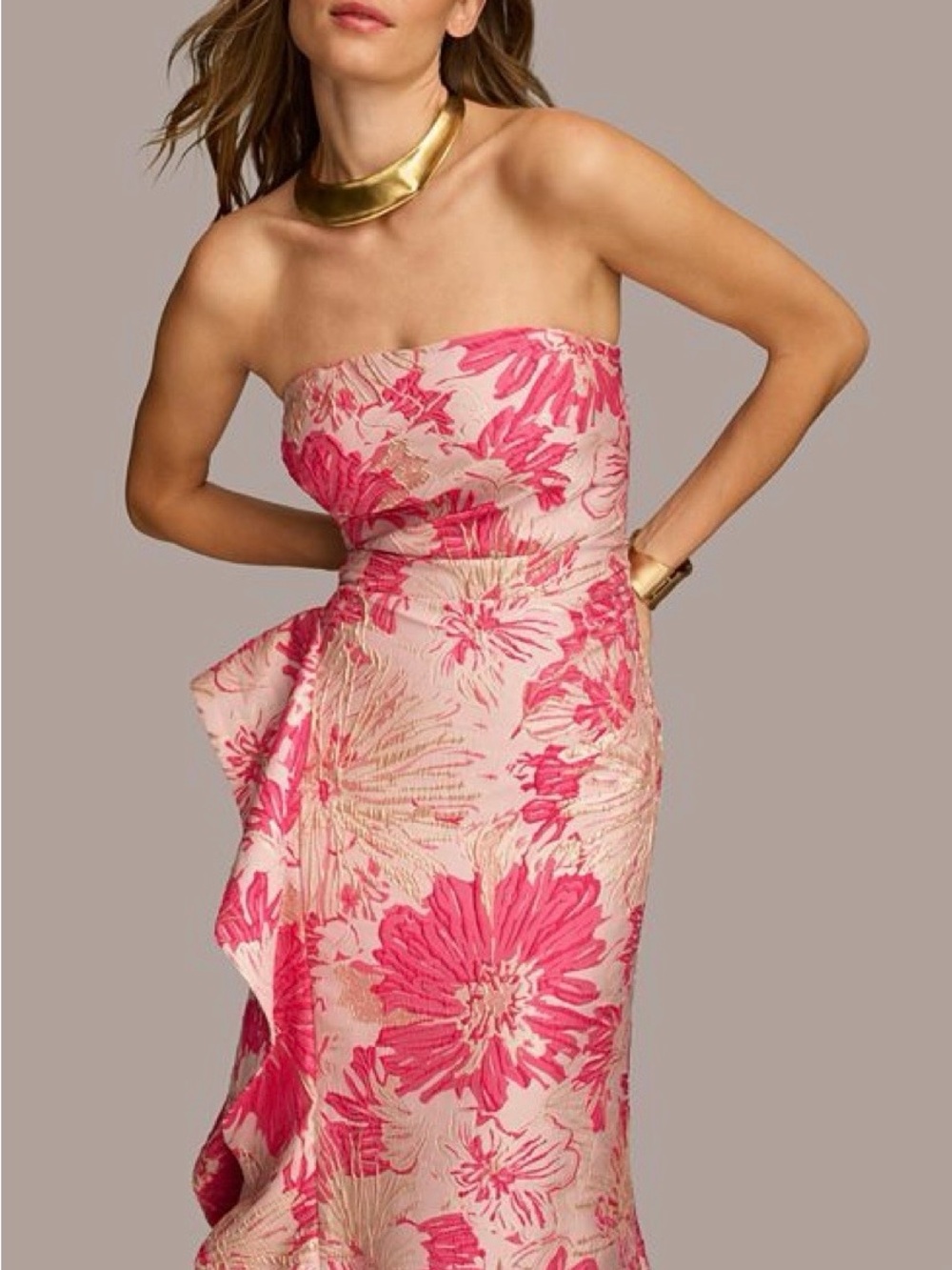 Donna Karan NWT Size 8 Pink Brocade Floral Jacquard Maxi Strapless Dress Gown - Picture 3 of 4